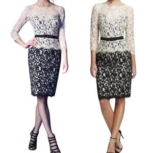 Tadashi Shoji Lace Cocktail Dress Sheath Ribbon Belt Cream Navy Blue 10 Petite